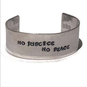 Hand stamped No Justice No Peace silver adjustable‎ hypoallergenic cuff bracelet